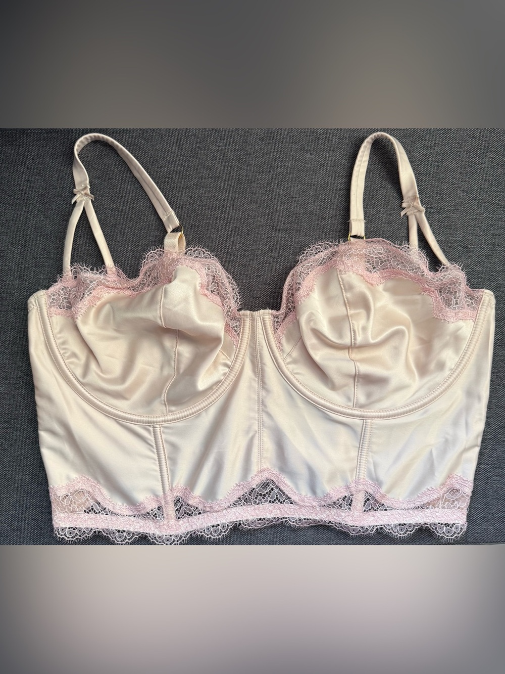 Victoria's Secret Satin Longline Bustier in Cream with Pink Lace